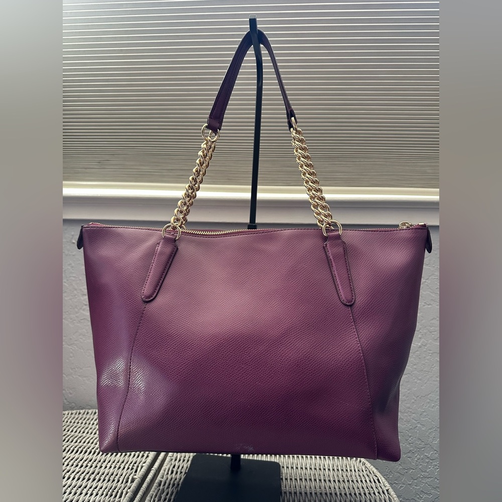 Coach Plum Leather Tote with Gold Chain Straps - Picture 2 of 13